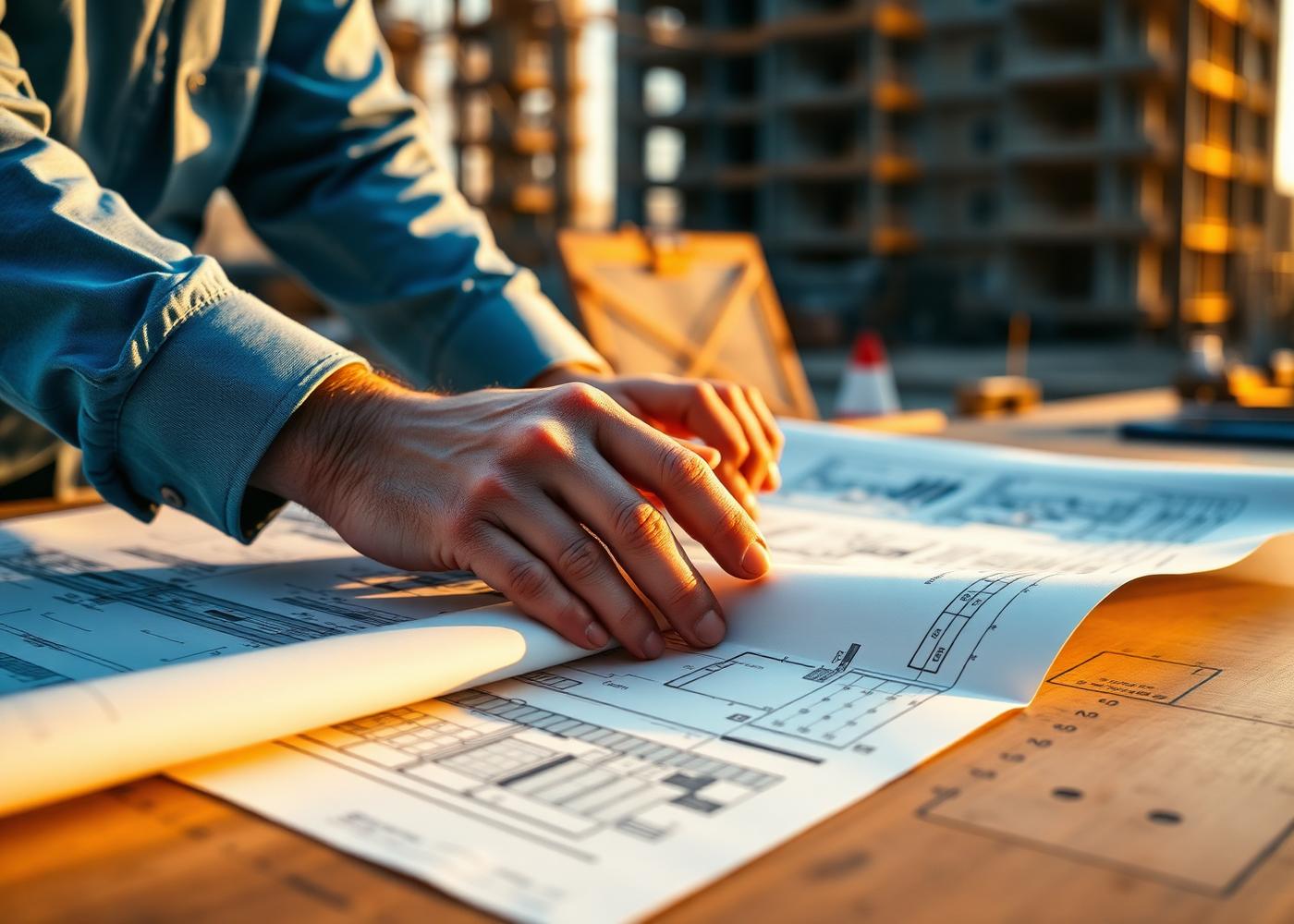 Engenheiro analisando projetos técnicos em um canteiro de obras