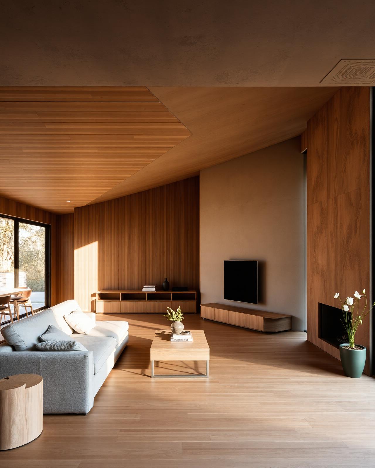 Sala de estar minimalista com revestimento em madeira e luz natural