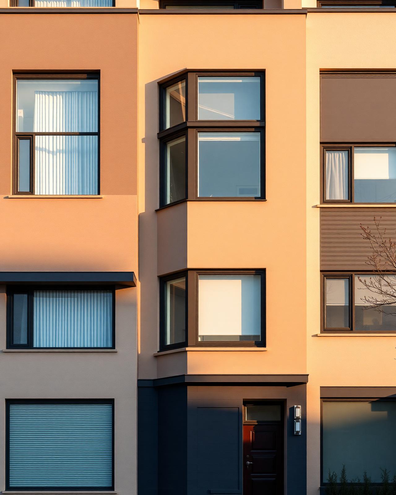 Fachada de edifício residencial contemporâneo ao entardecer